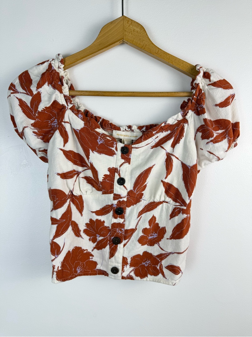 Monteau Blouse Women’s Small White Rust Floral Puff Sleeve Smocked Linen Blend